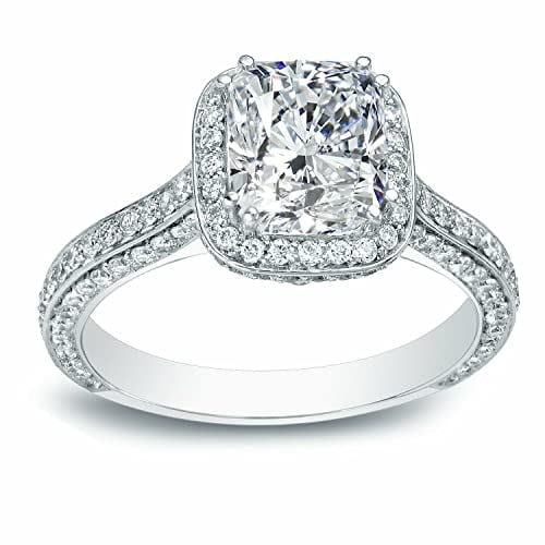 HeartsAndYou 4ct Cushion Cut Moissanite Halo with Accents Engagement Ring for Women 18k White Gold over Silver