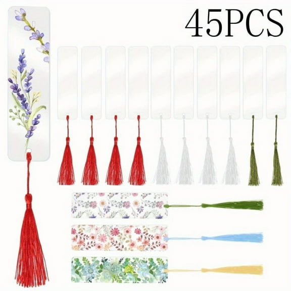45-Pc Clear Acrylic Bookmark Blanks with Colorful Tassels, DIY Craft Book Markers for Custom Projects