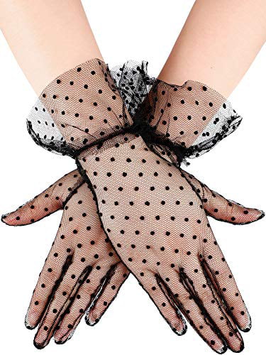 Short Wrist Gloves Sheer Black Red White Lace Gloves for Bridal Wedding 2 Pairs Vintages Lace Gloves Women,Girls Tea Party