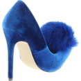 thumbnail image 5 of Liliana Affair Velvet Pointy Toe Stiletto High Heel Fur Pom Slip On Pump Slide Shoe Blue, Blue, 6, 5 of 7