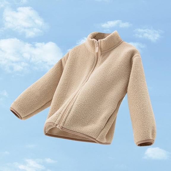 Kids Fall Winter Coats Fleece Thickened Warm Casual Loungewear Jackets Stand Collar Zip up Outerwear Jacket with Pockets Beige 2Y