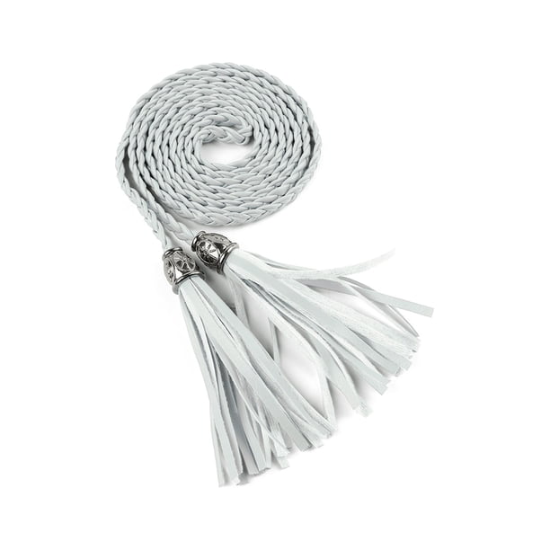 Cinturones delgados trenzados con flecos para mujeres Inspire Chic, plata, 132 cm/52 pulgadas
