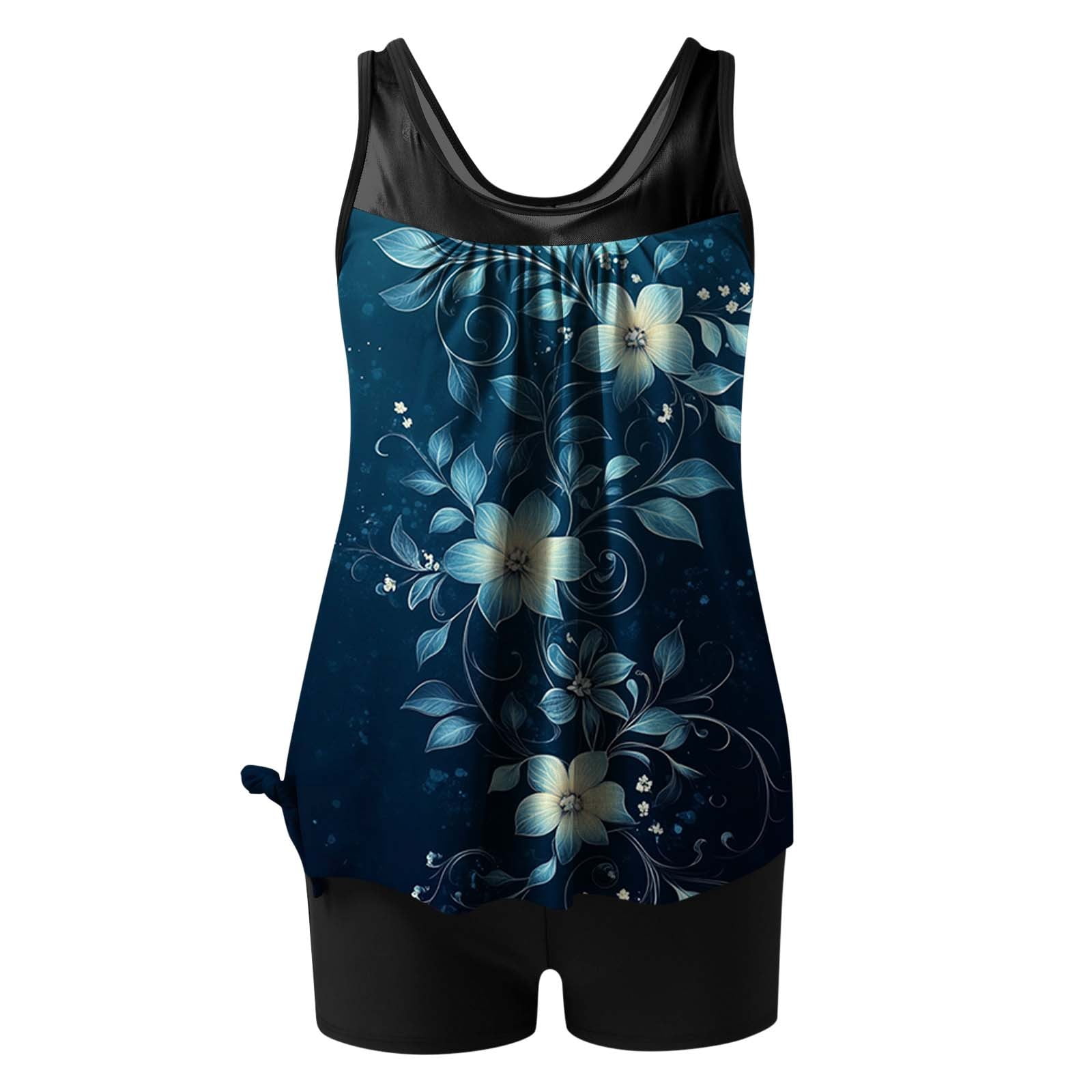 UPPADA Womens Tummy Control Tankini Bathing Suits Cute Floral Print Tankini Swimsuits Two Piece Ruched Swimsuits Sleeveless Swim Tops and Swim Shorts Multicolor Swim Suits for Women,M