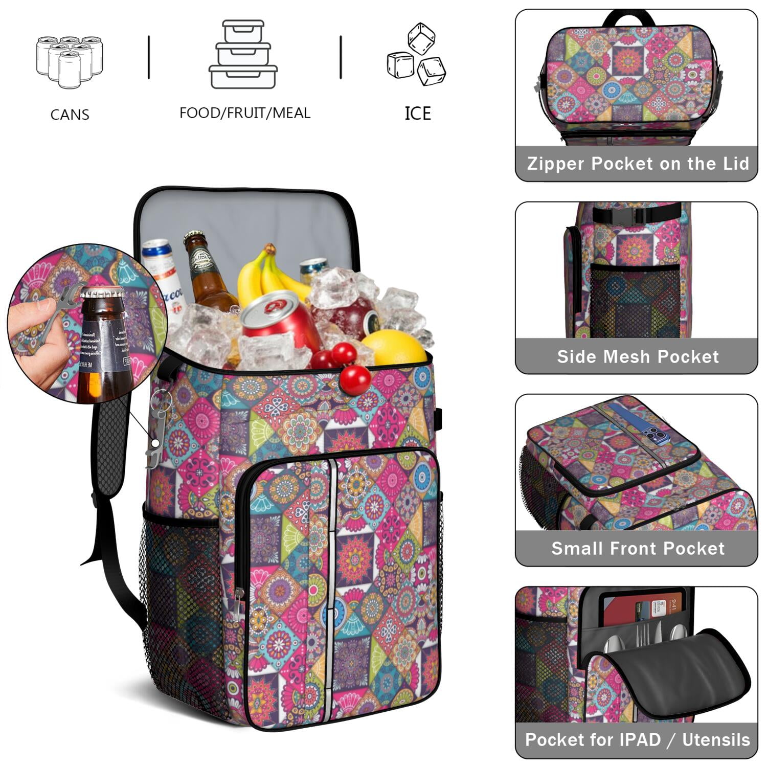 Travel Cooler Bag - Boho Bohemia Flower Camping Beer Cooler Backpack with Bottle Opener- Waterproof Insulated Picnic Backpacks - Cooler Bag for Beach