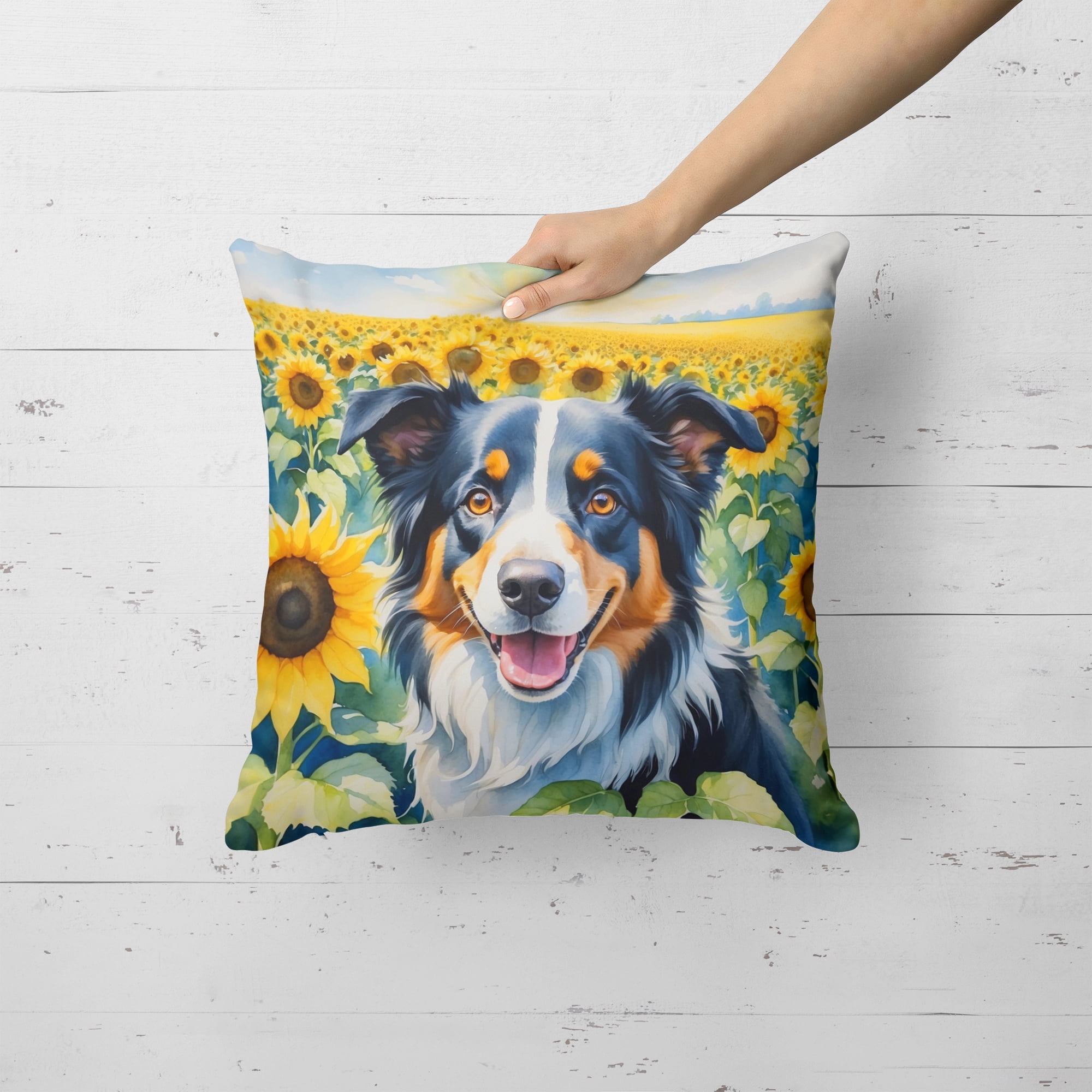 Border Collie in Sunflowers Throw Pillow 18 in x 18 in