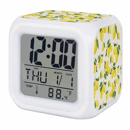 Alarm Clocks Yellow Lemon Digital Clock 7 Color LED Night Light Silent Non-Ticking Battery Operated Summer Fruit Linen Cube Clocks Decorative for Bedroom Bedside Living Room Office School Decor
