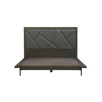 Marquis Queen Size Platform Bed Frame in Oak Wood with Faux Leather Headboard and Black Metal Legs