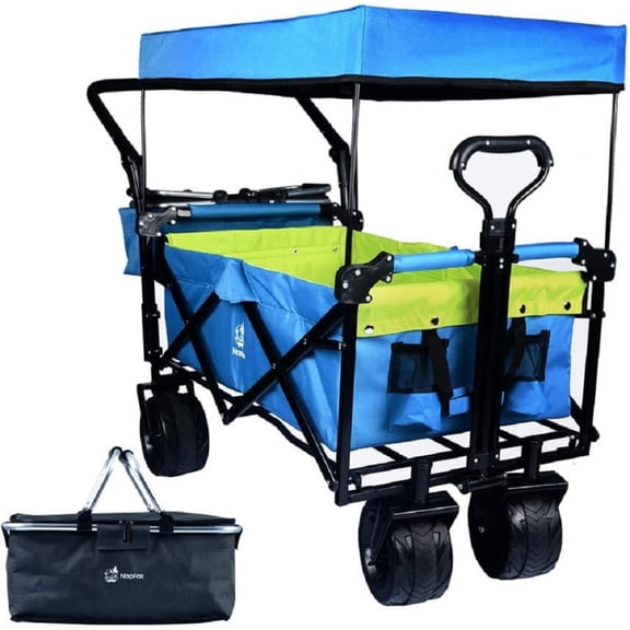 Collapsible Wagon Heavy Duty Folding Wagon Cart with Removable Canopy, 4" Wide Large All Terrain Wheels, Brake, Adjustable Handles,Cooler Bag Utility Carts for Outdoor Garden Wagons Carts Beach Cart