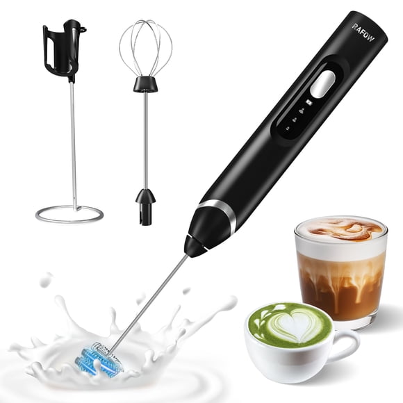 RAFOW Handheld Electric Milk Frother: 3 Speeds & Detachable Double Whisk Drink Mixer, Rechargeable Frother Wand with Stand, Coffee Froth Stirrer for