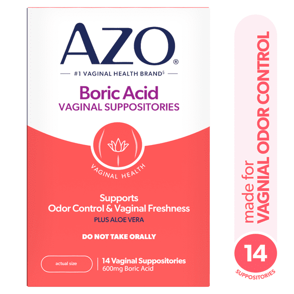 AZO Boric Acid Vaginal Suppositories with Aloe Vera, Supports Odor Control & Freshness Naturally, 14 Count