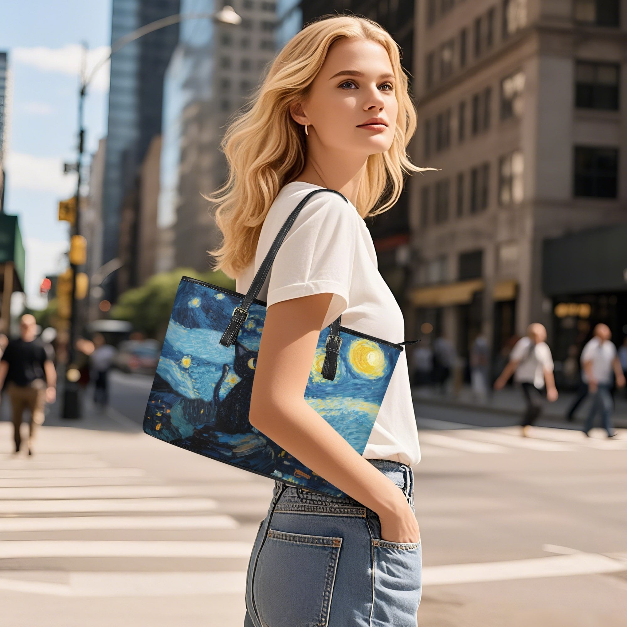 Kuiaobaty Cat Galaxy Print Satchel Purse for Women, Large Capacity Leather Shoulder Handbag with Adjustable Strap, Zipper Tote Handbag and Clutch Purse for Travel, Blue