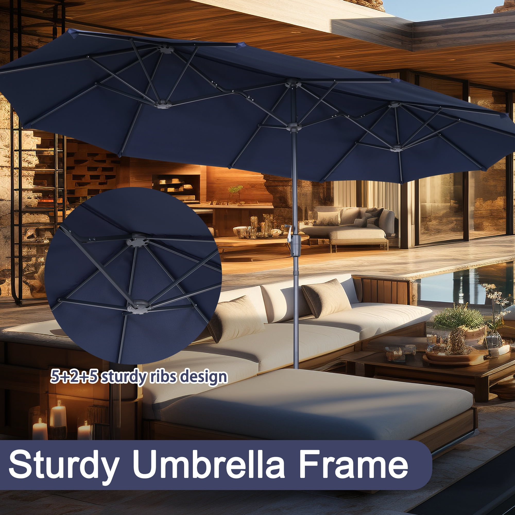 Autlaycil 13ft Rectangle Patio Umbrella with Crank System, Sturdy Ribs for Pool, Yard, Market - Navy Blue