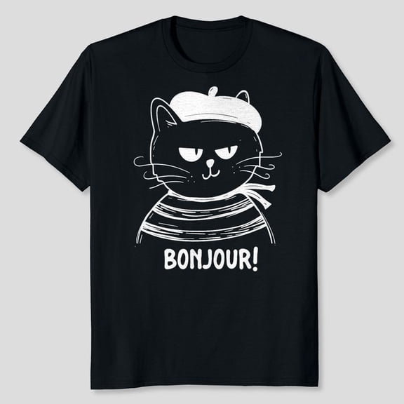 Bonjour - French Cat France Lover Francophile T-Shirt, Men's And Women's Graphic Tee 100% Cotton by TBun, Full Sizes S-5XL