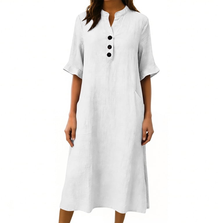 Heisall Midi Dresses for Women 2026 Summer Half Sleeve Gauze Dress Casual  Loose Comfy Buttons V Neck Beach Dress with Pockets - Walmart.com
