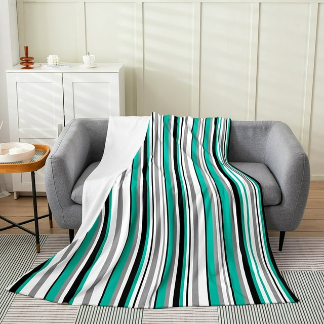 Erosebridal Abstract Stripe Throw Blanket for Couch 50x60, Green Gray White Black Line Plush Blanket, Geometry Home Decor