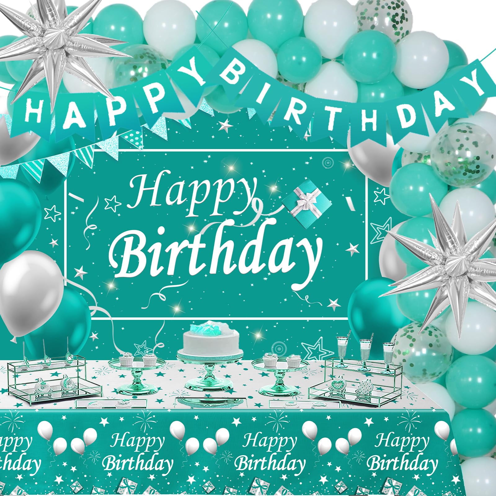 15th Birthday Party Decorations Kit - Blue & Silver Balloons, Banner, Crown, Stars, Cake Topper