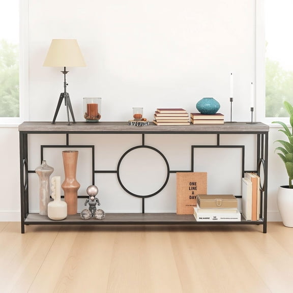 Barara King Entertainment Center, TV Console Table,2-Tier Faux Marble Top Console Table with Storage Shelf for Hallway-Rustic Brown