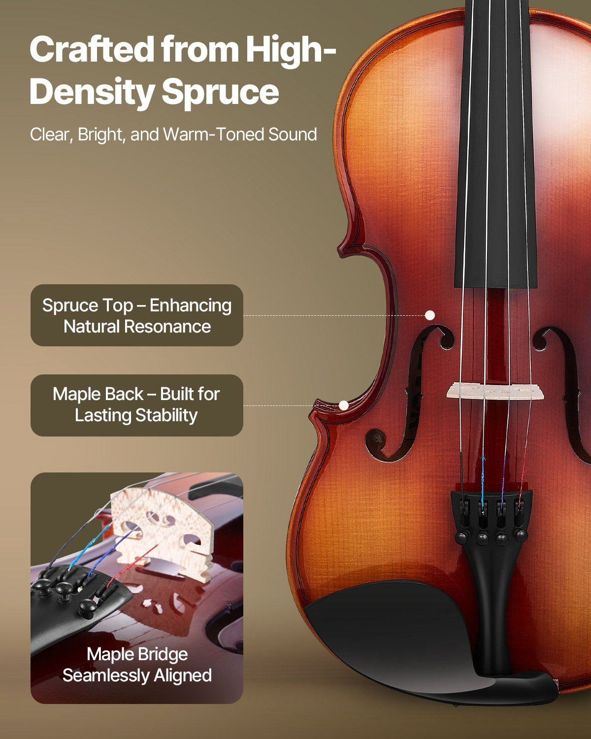 4/4 Full Size Solid Wood Violin Fiddle Set for Beginners, Handcrafted Spruce Top Maple Back Glossy Brown Finish with Case, Bow, Tuner, Shoulder Rest, Rosin, Strings, and Polishing Cloth