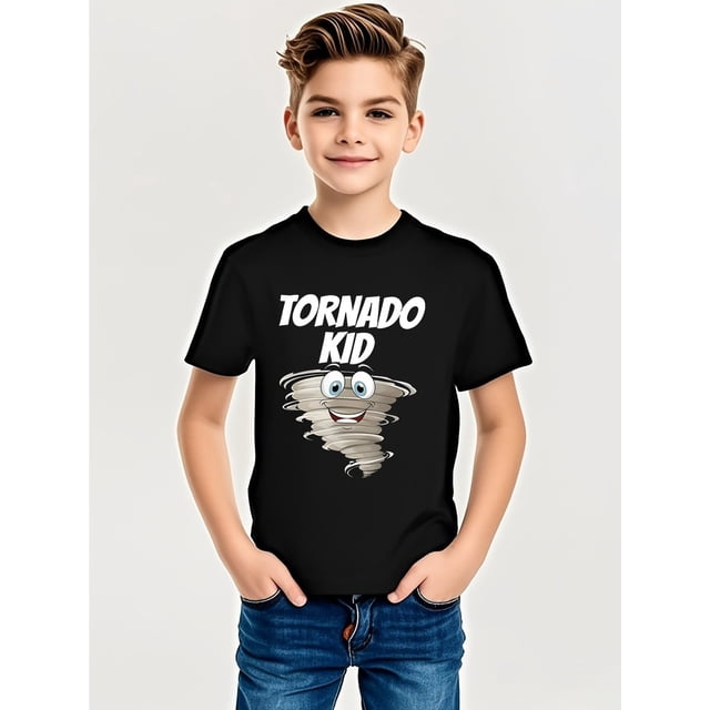 Boys' Tornado Cartoon Pattern Printed Casual T-shirt - Short Sleeve, Round Neck, Summer Outdoor Youth Sports Shirt, Summer Boys' Gift