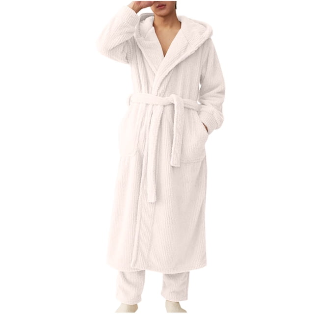WRKEKC Mens Robe Solid Color Plush Tie Waist Winter Thickened Warm Bathrobe Rice Grain Fleece Long Sleep Robe for Men’s Lounge