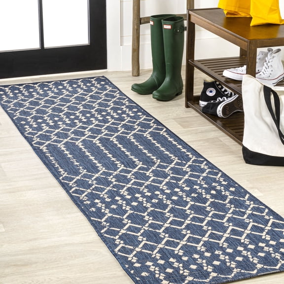 JONATHAN Y SANTA MONICA 2 x 10 Runner Rug, Ourika Moroccan Geometric Textured Weave - Navy/Beige, SMB108K-210