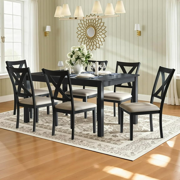 Merluxy 7-Piece Solid Wood Dining Table Set, 60" Farmhouse Dining Table with 6 Chairs, Dining Table Set for 6, Kitchen & Dining Room, Black