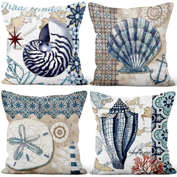 SUNOLIFE Ocean Theme Throw Pillow Covers Set of 4,Nautical Coastal Shell Pillowcase for Home Decor,18x18 In