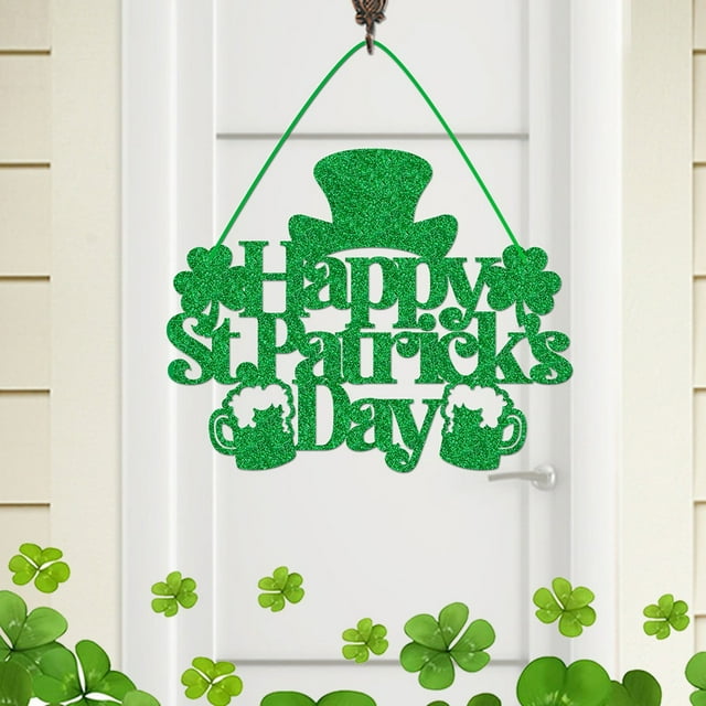PEONAVET Happy Happy St Patrick's Day Sign, Hanging Shamrock Front Door Sign Spring Rustic Welcome Sign for Outdoor Indoor Wall Decor