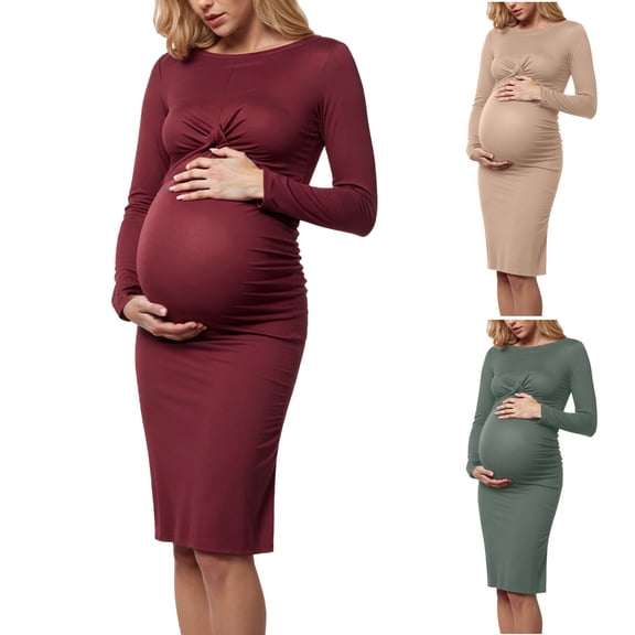 Lispipm Women Maternity Sweater Dress Ribbed Knit Knee Length Long Sleeve Dresses Winter Warm Versatile Pregnant Clothes Green L