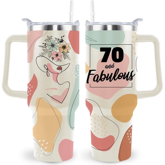 70th Birthday 40 oz Tumbler, 70 and Fabulous 1954 Insulated Mug With Lid Straw and Handle, 40oz Cup Gift for Women Mom