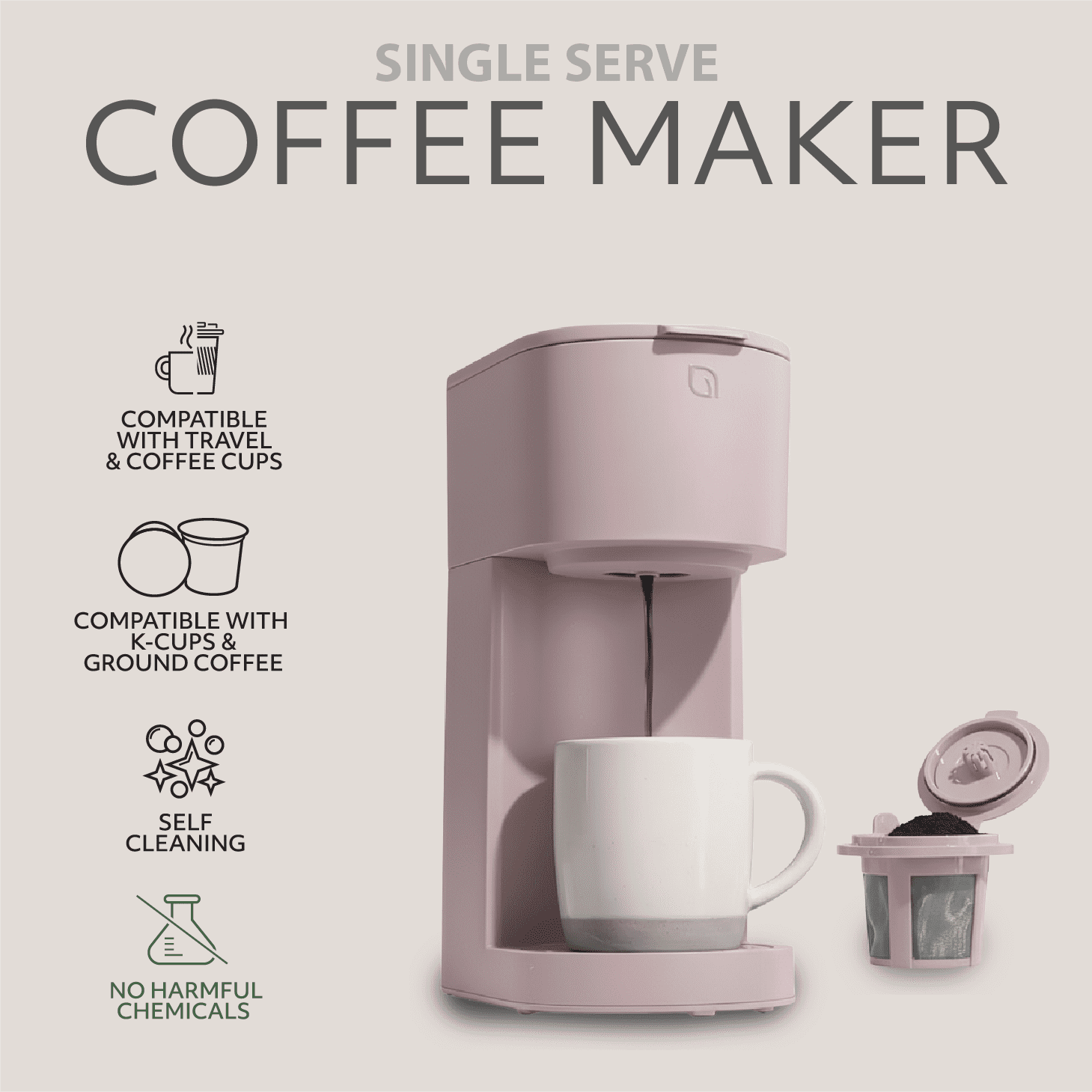 Willow Kitchen Single Serve Coffee Maker Machine for Pods & Grounds with K Cup, Self Cleaning & Small Portable Coffee Maker, Shell Pink