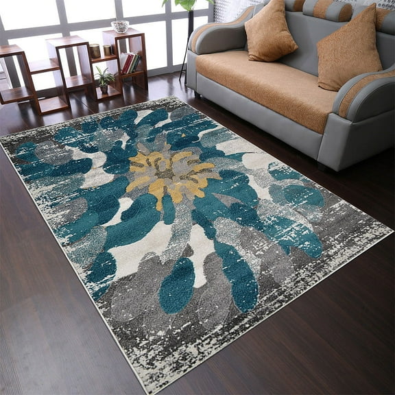 Rugsotic Carpets Machine Woven Heatset, Abstract Polypropylene Floor Area Rug For Living Room Bedroom, Silver,Blue, 8'x10'