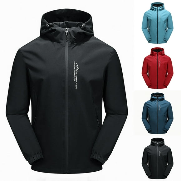 Sentmoon Mens Coat Solid Color Long Sleeve Drawstring Hooded Neck Men Ski Jacket Oversized Zipper Windbreaker Waterproof Clothes Men with Pockets Fall and Winter Stylish for Walking and Daily