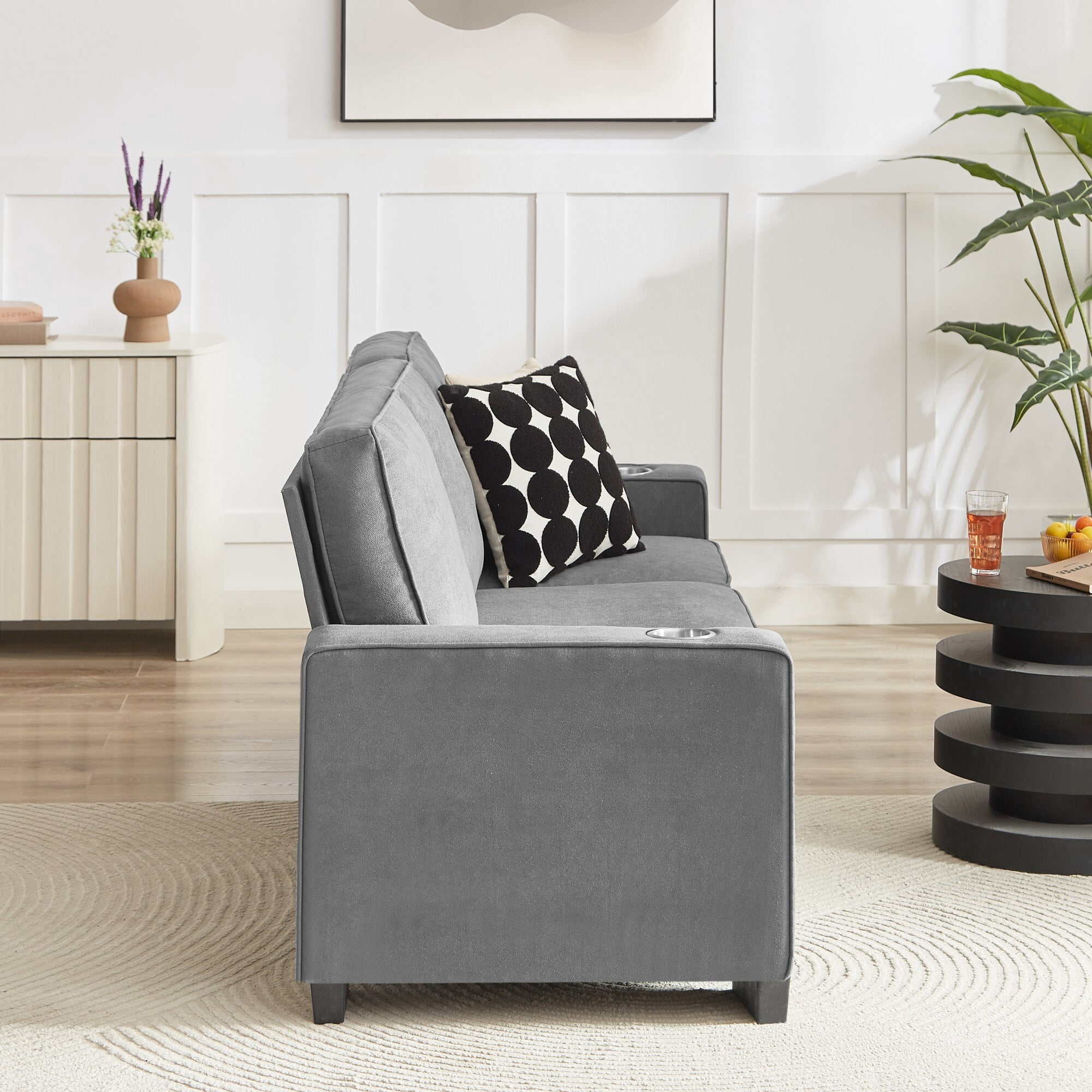 DEALTOPS 84" Modern Ice & Snow Velvet 3-Seater Sofa — Cozy Living Room Couch with Built-in Cup Holders, Gray