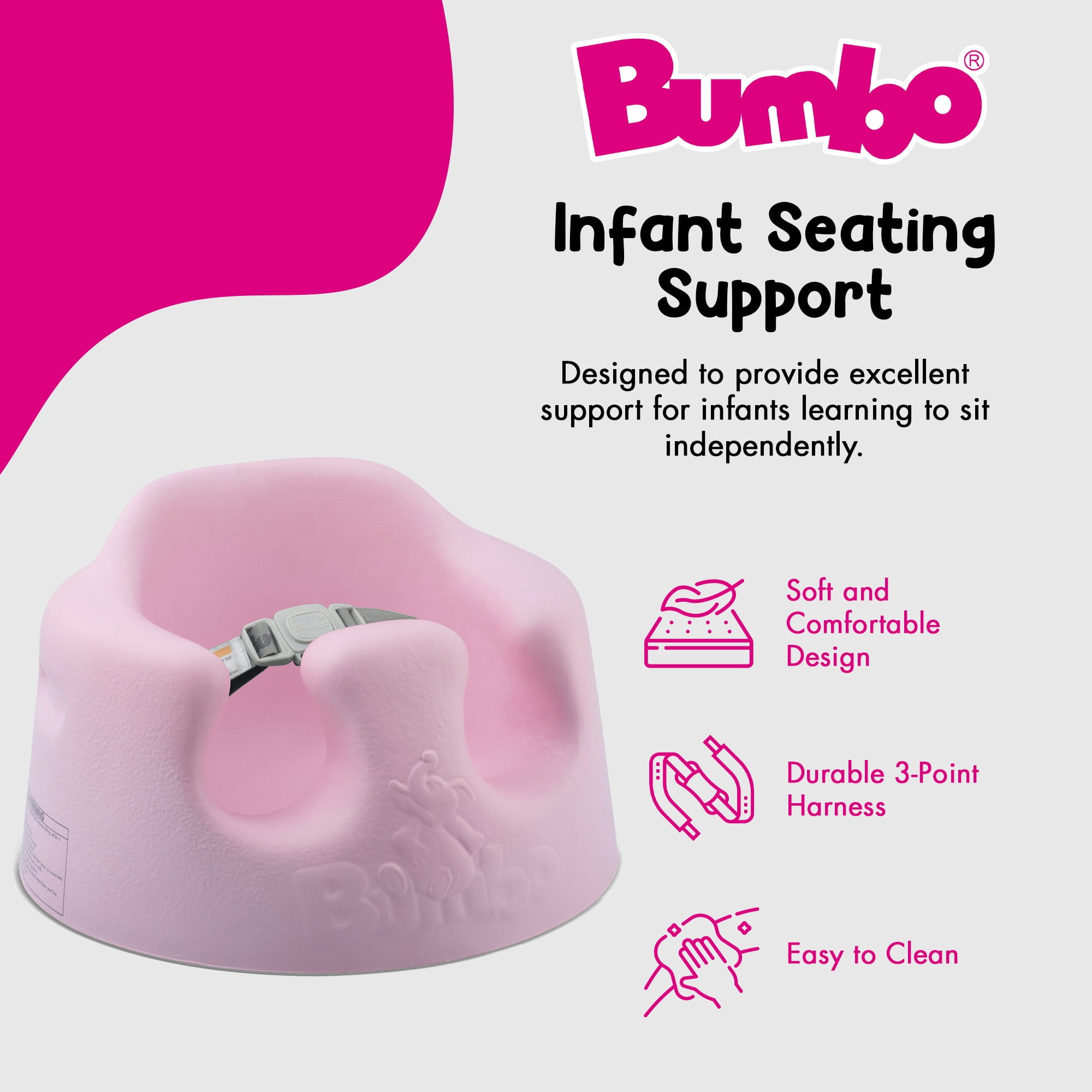 Bumbo Baby Infant Soft Foam Floor Booster Seat with Adjustable Harness, Cradle Pink