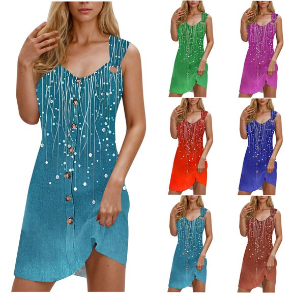 pstuiky Beach Coverups for Women , Women Vintage Print Button V-Neck Strap Dress for Spring Summer Vacation Casual Wear Sleeveless Flowy Beach Dress Size S-XL Beach Cover up Blue L