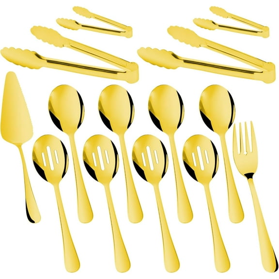14PCS Serving Utensils - Hostess Serving Utensils Set, Premium Stainless Steel 8.7 inch Serving Utensils, Slotted Spoons, Fork, Tongs, Cake Pie Server for Buffet, Wedding, Dinner (Gold)