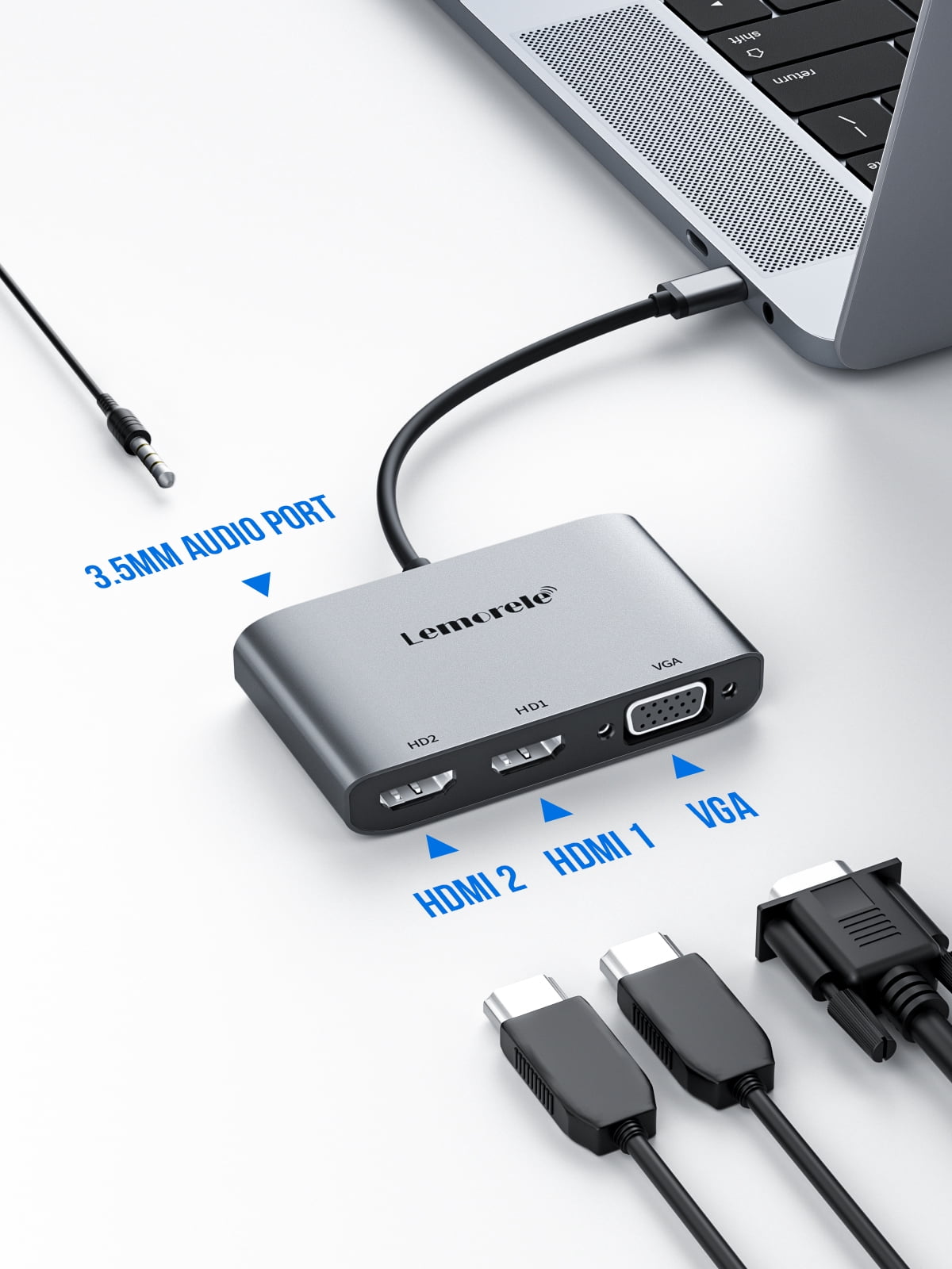 Lemorele USB-C to HDMI + Vga Converter, USB C to HDMI Adapter Hub, 4k Triple Screen Output, For Office Meetings/Audio-Visual Education, Space Gray, Aluminum Alloy