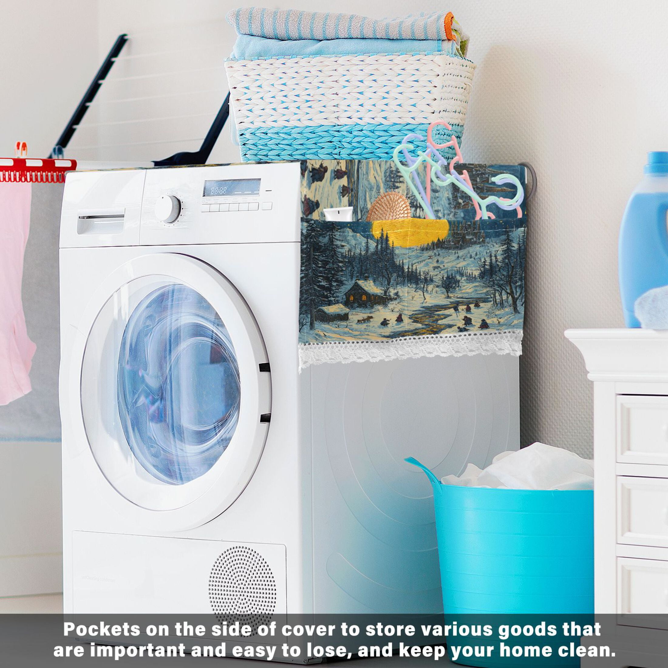 WOBOGO Winter Village View Washing Machine Cloth Dryer Refrigerator Top Cover Protective Non-Slip Mat For Kitchen Laundry