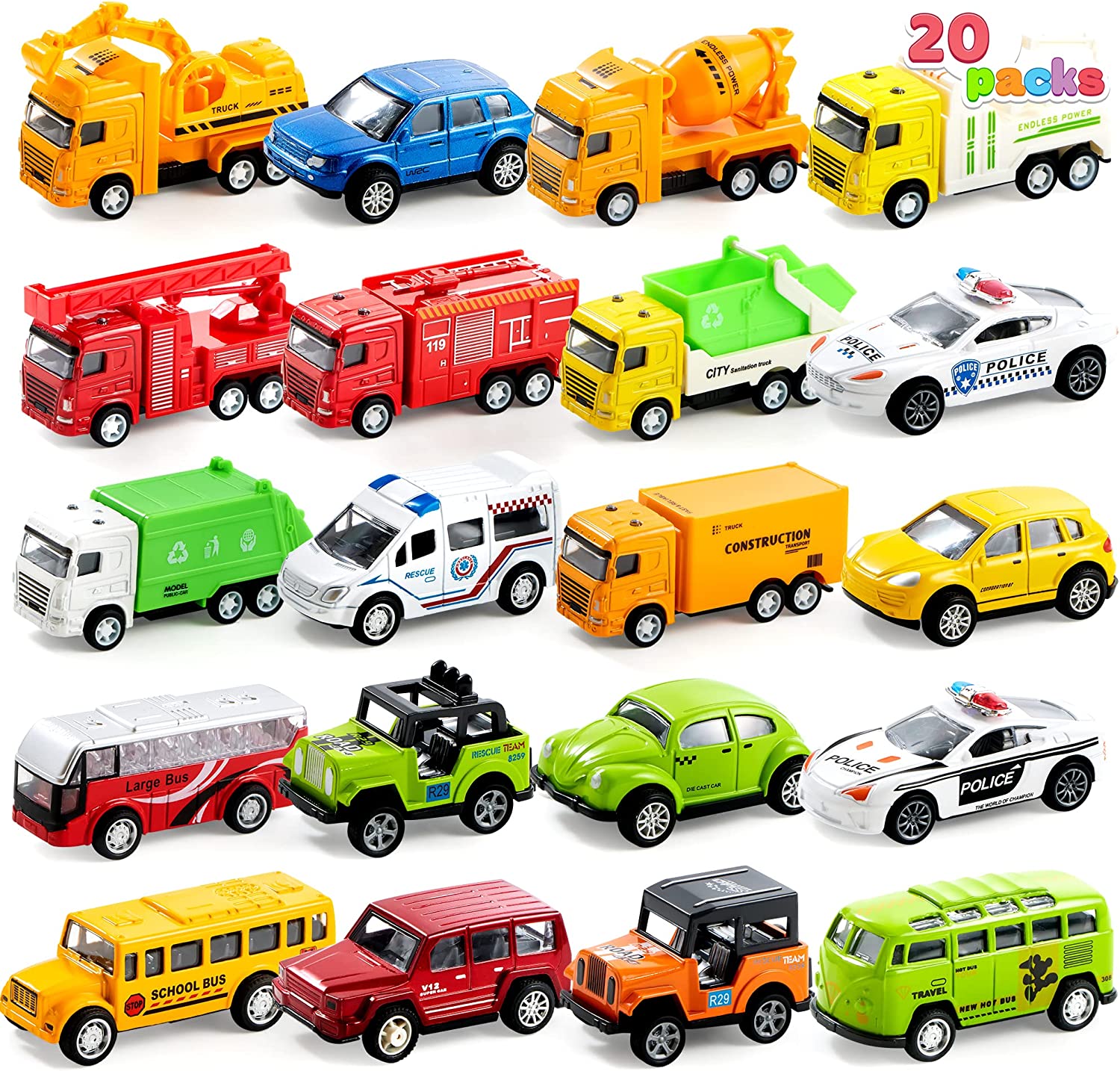 20 Piece Pull Back Cars, Die Cast Metal Toy Cars, Vehicle Set for