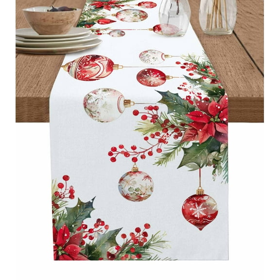 Hokiten Table Runners 90 Inches Long Dress Scarves, Christmas Balls Farmhouse Coffee/Dining/Kitchen Table Runner for Living Room, Xmas Poinsettia Botanical Red 13x90 Inch