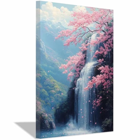 Mudket Cherry Blossom Waterfall Canvas Wall Art, Floral Landscape Wall Decor, Framed Ready to Hang, Nature Print for Living Room - 12"L x 8"W
