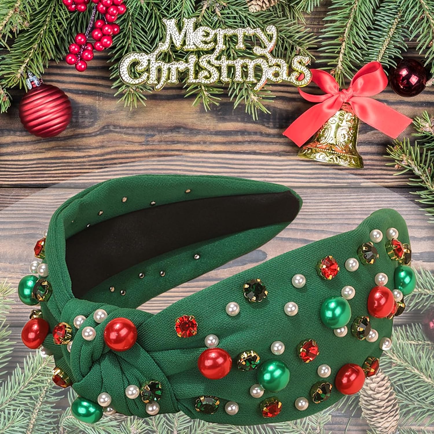 Christmas Headband for Women, Xmas Pearl Knotted Rhinestone  display picture 3