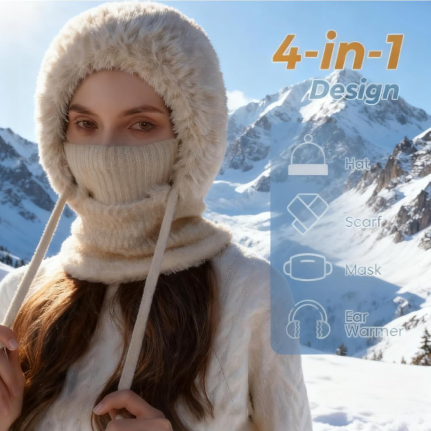 3 in 1 Beanie Hat with Scarf & Mask for Women, Windproof Balaclava for Outdoor Activities