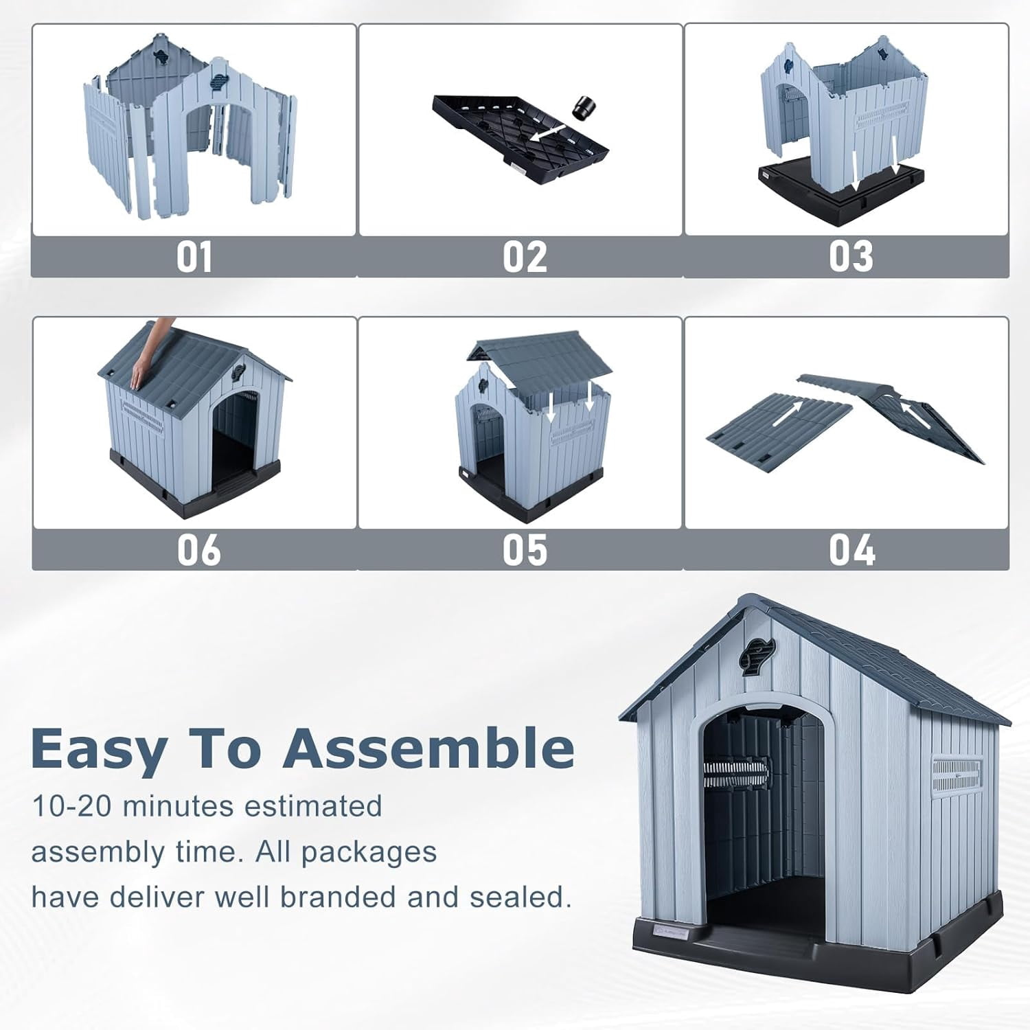 LEHOME Durable Waterproof Plastic Dog House for Small to Medium Sized Dogs, Indoor Outdoor Doghouse with Air Vents and Elevated Floor, Easy to Assemble (Gray, 33.5" L x 31.5" W x 33.9" H)