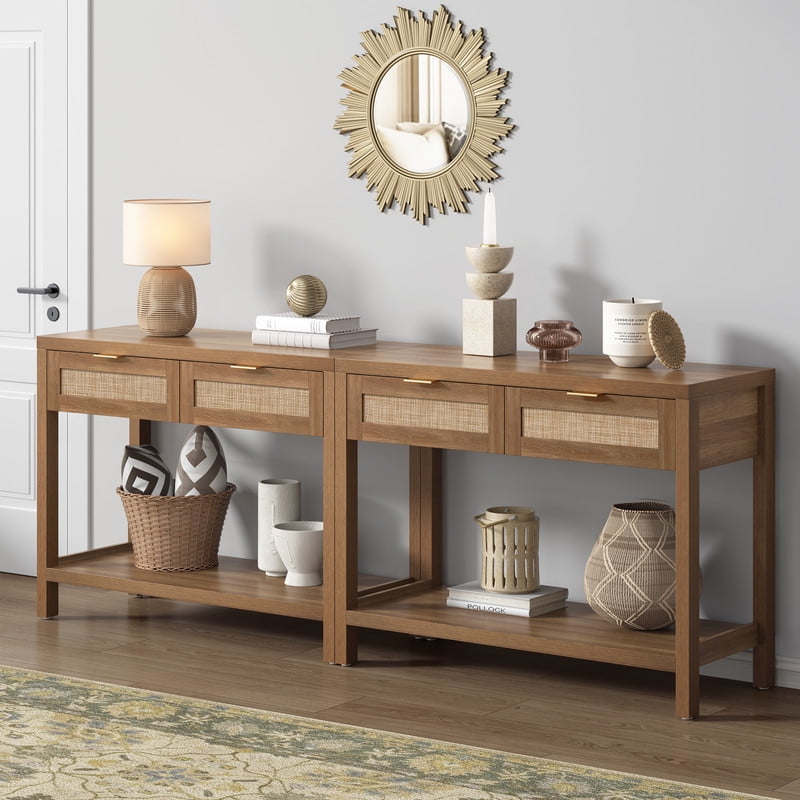 Surmoby Rattan Console Table with 2 Drawers,Boho Wood Entryway Table Hallway Table with Open Storage Shelf,Narrow Sofa Table for Foyer,Living Room and Corridor(Oak,2PCS)