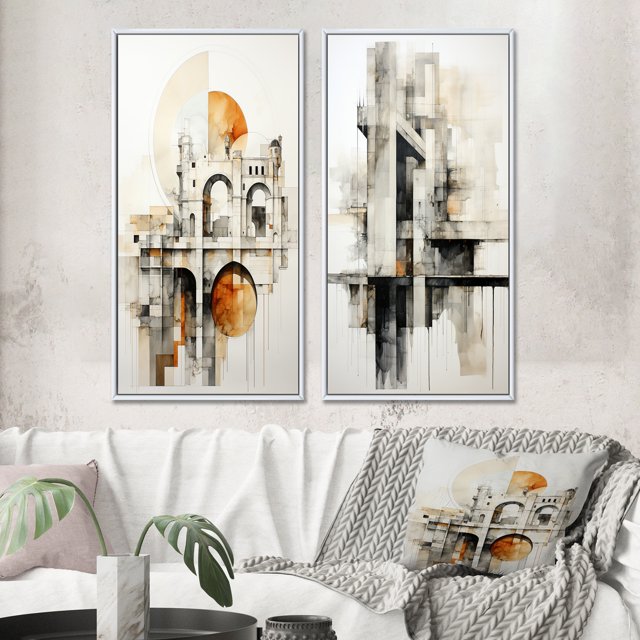Designart "Minimalistic Connection Grey Bridge II" Bridges Framed Wall Art Set Of 2 - Grey Architecture Framed Wall Art Set Of 2
