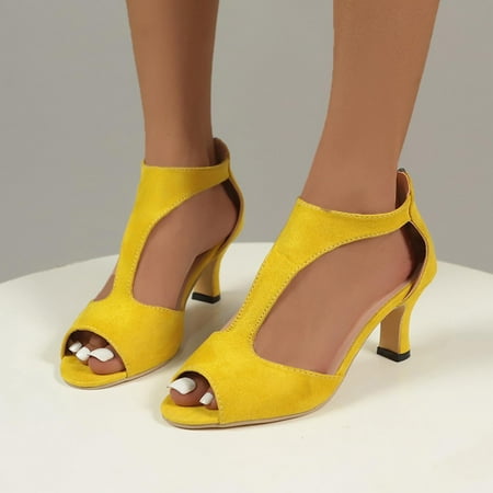 

Tawop Comfortable Walking Shoes Women Dress Plus Size Fashion High Heel Sandals Zipper Summer Sandals Flock Yellow 43(Us:9.5)
