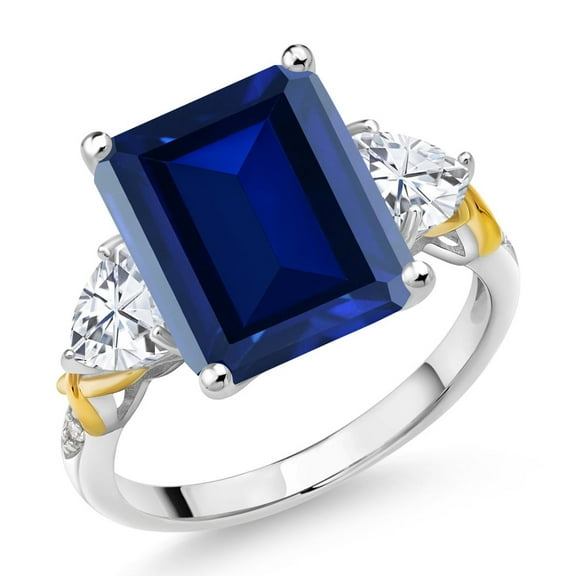 Gem Stone King 7.66 Cttw Blue Simulated Sapphire Moissanite and Diamond 3-Stone Ring for Women | 925 Silver and 10K Yellow Gold | Gemstone Birthstone | 12X10MM Emerald Cut and 5MM Trillion | Size 9