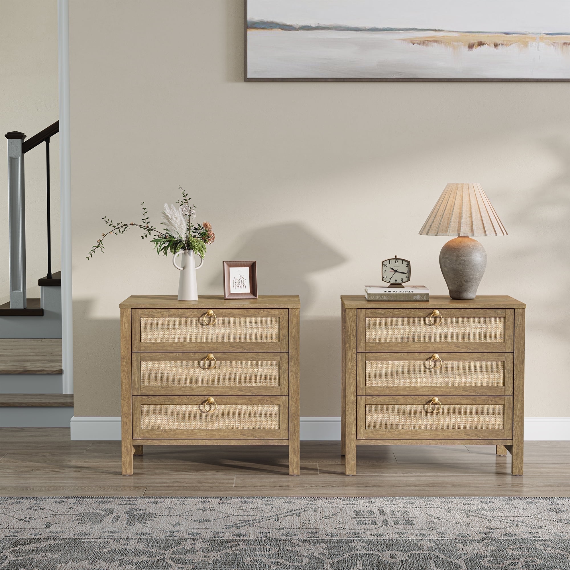 SICOTAS 26.78"W Boho Night Stands Set of 2 for Narrow Spaces, 25.67" Tall Rattan Nightstands with 3 Drawers , Large Bedside Table Wood End Table for Bedroom Living Room Hallway,Cherry Oak